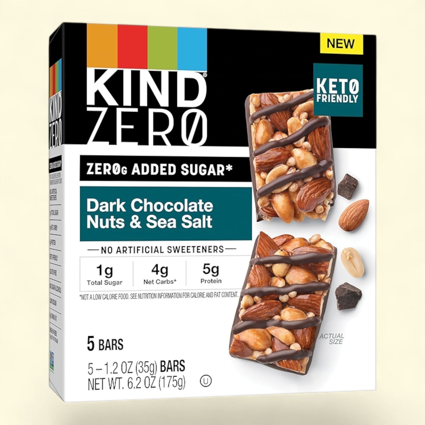 Kind Zero Dark Chocolate Nuts & Sea Salt bars on a beige background