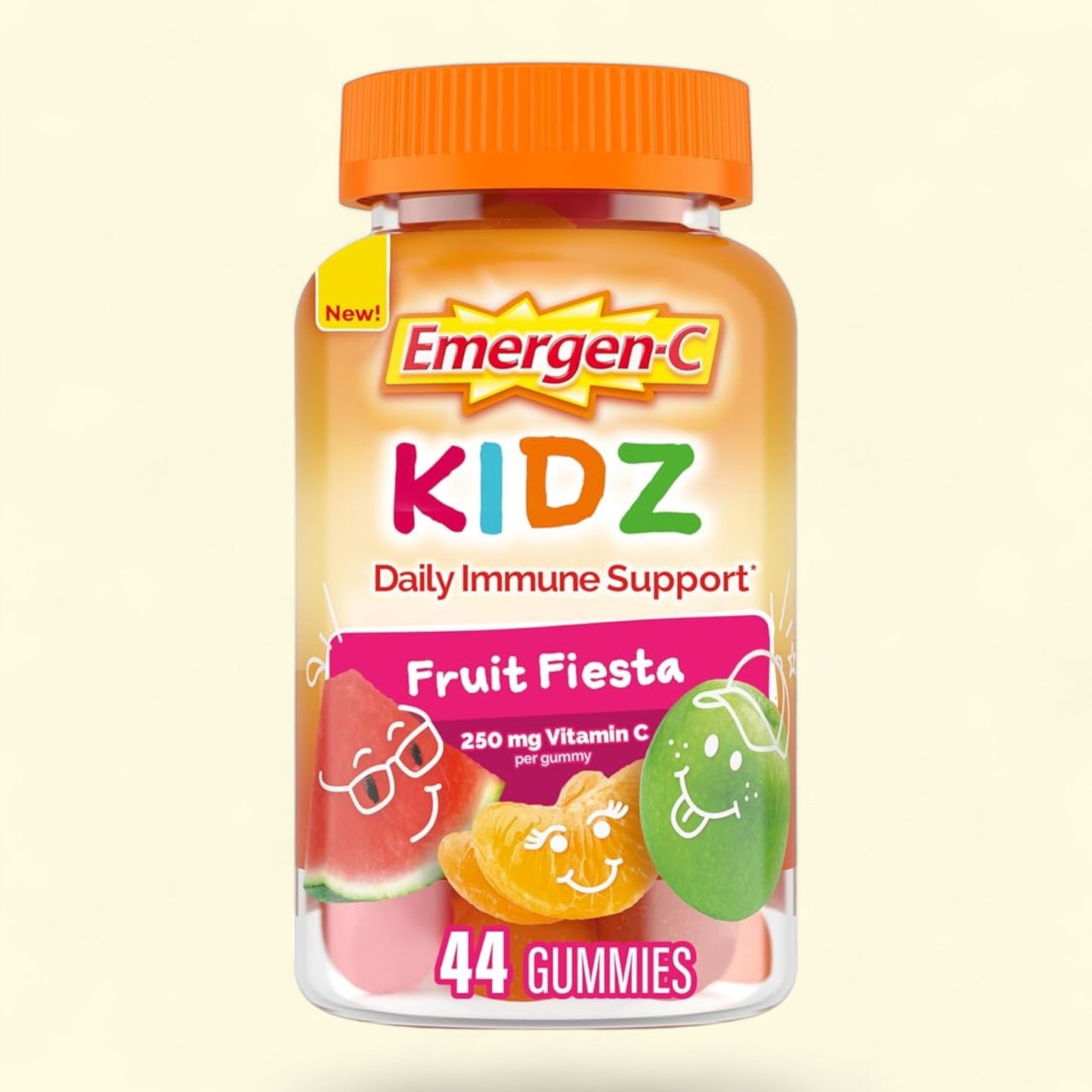 Emergen-C KIDZ Fruit Fiesta gummy vitamin bottle on a light yellow background