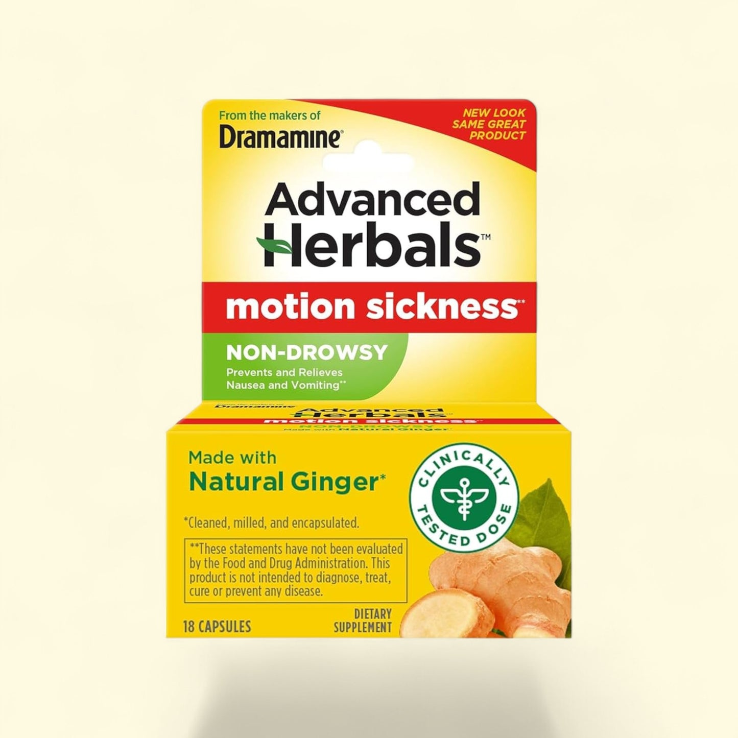 Box of Dramamine Advanced Herbals motion sickness supplement on a beige background