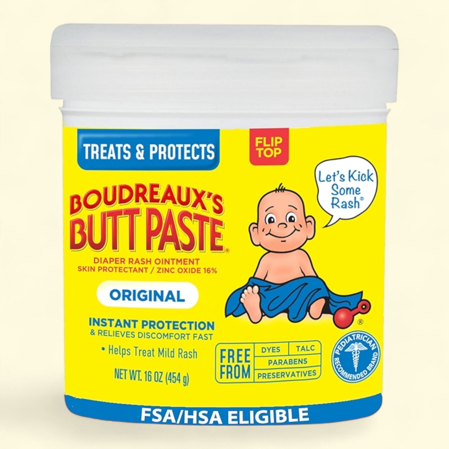 Boudreaux's Butt Paste container with a cartoon baby on a yellow background