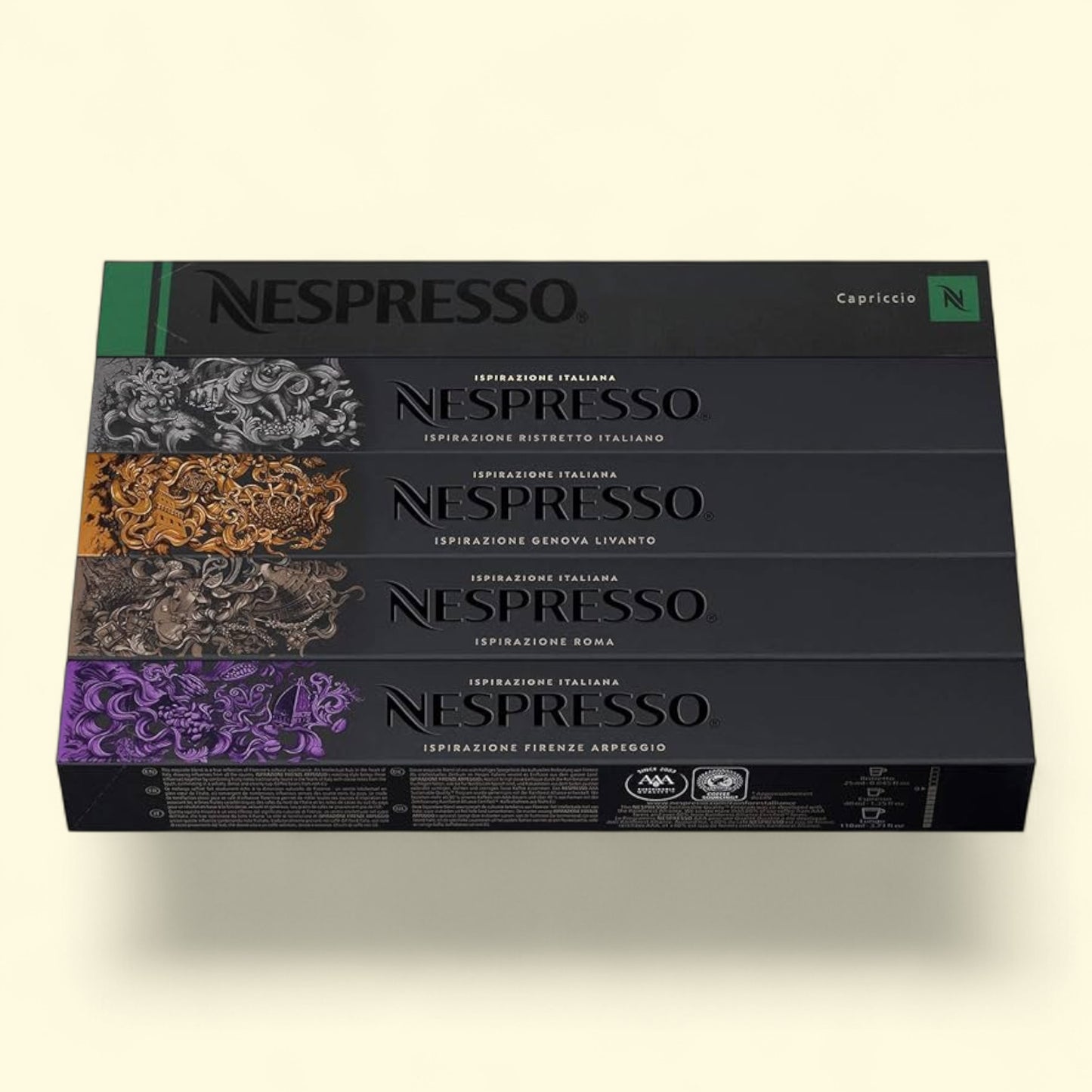 Nespresso coffee capsule box with multiple color variations on a light beige background