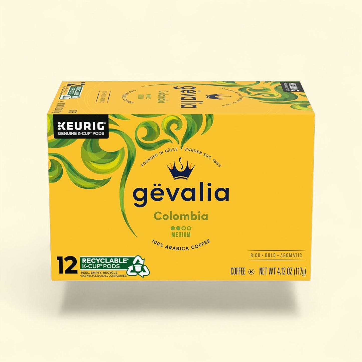 Gevalia Colombia coffee K-Cup pods packaging on a beige background