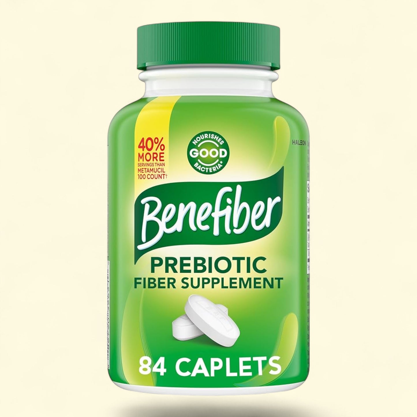 Benefiber prebiotic fiber supplement bottle on a beige background