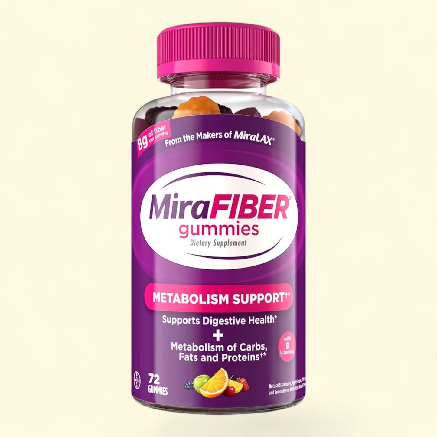 Bottle of MiraFIBER gummies on a light beige background