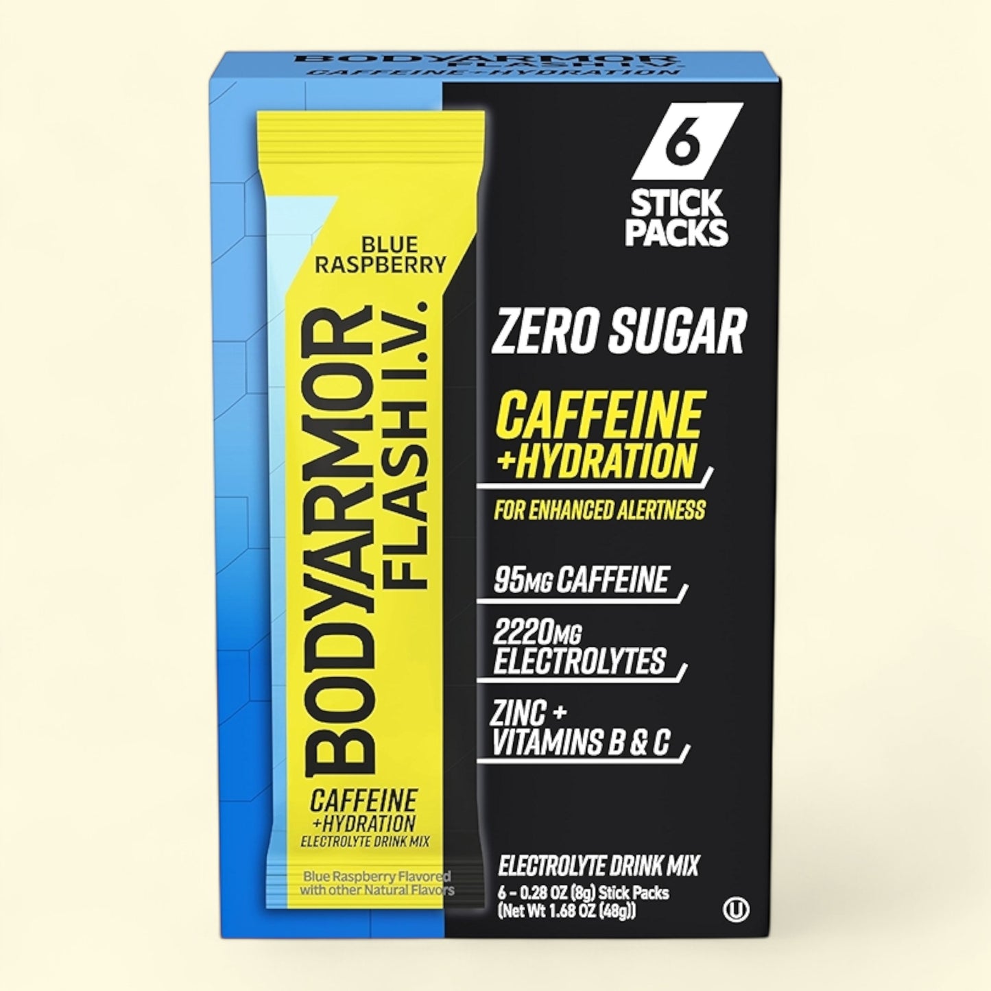 BodyArmor Flash I.V. electrolyte drink mix package with blue and yellow design on a white background