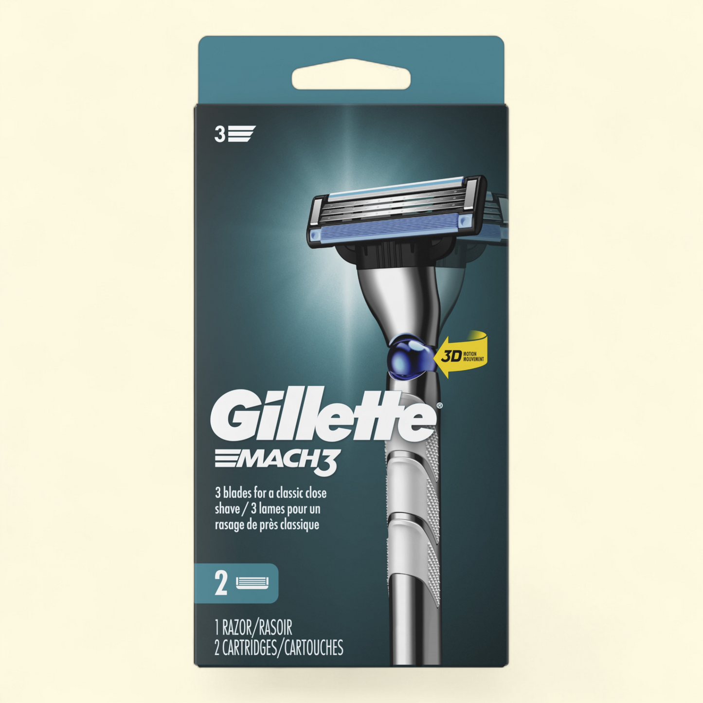 Gillette Mach3 Men's Manual Razor, 3D, 2 Blade Refills, Silver