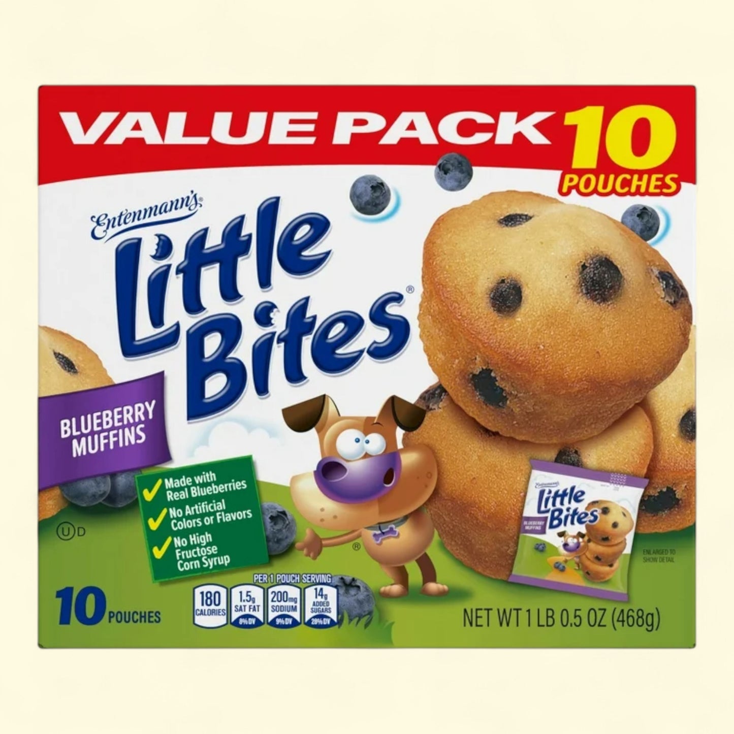Box of Entenmann's Little Bites Blueberry Muffins with a cartoon dog character on a beige background