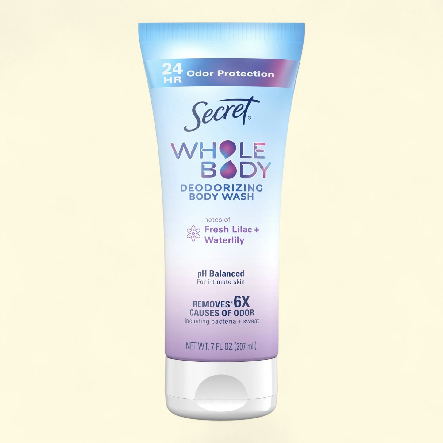 Secret Whole Body deodorizing body wash bottle on a beige background