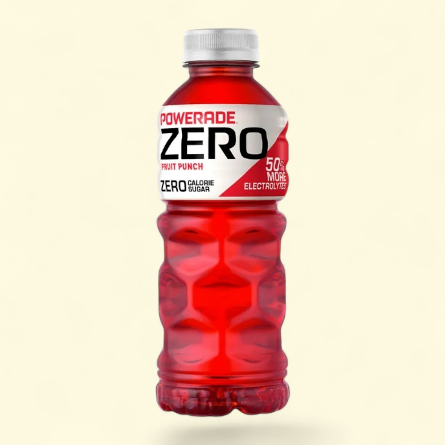 Red Powerade Zero fruit punch sports drink bottle on a beige background