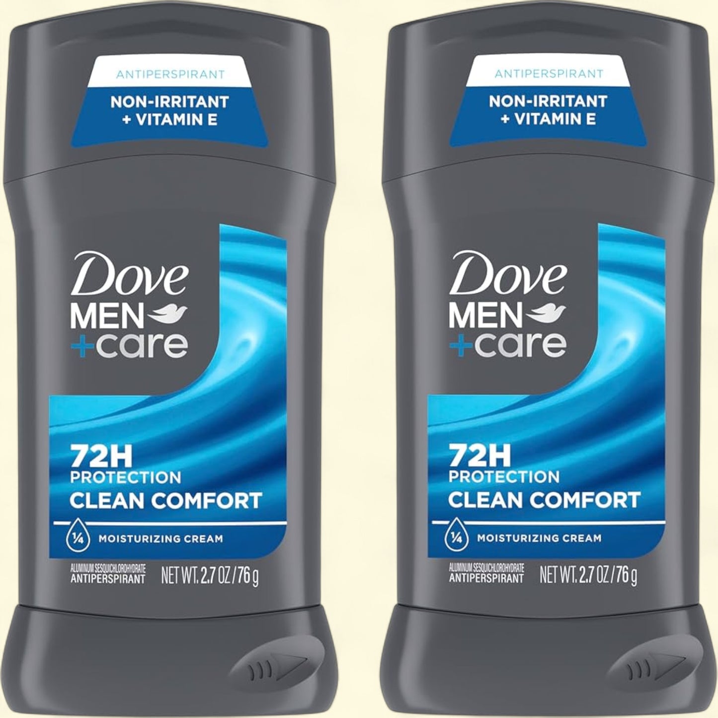 Two Dove Men+Care antiperspirant sticks on a beige background