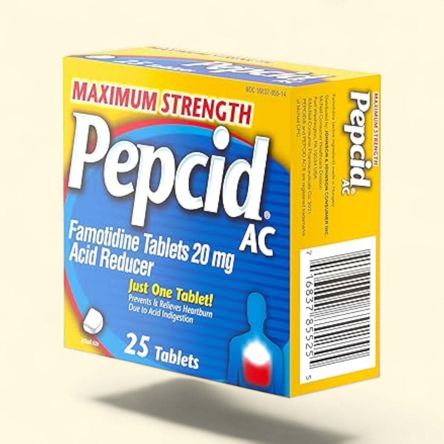 Box of Pepcid AC Maximum Strength Famotidine Tablets on a beige background