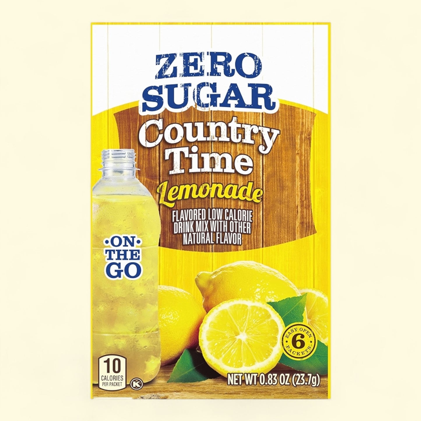 Country Time Zero Sugar Lemonade packaging on a light beige background