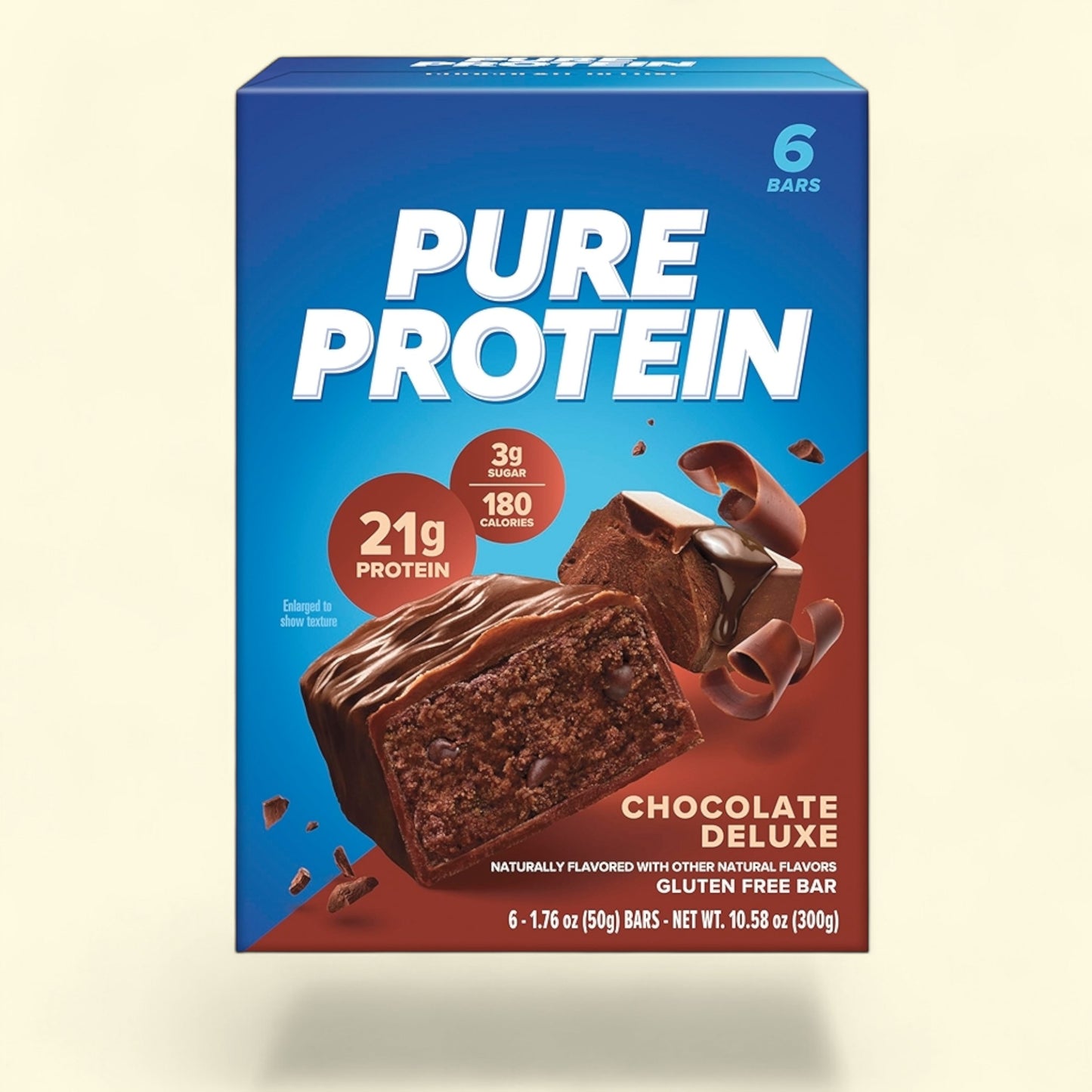 Pure Protein Chocolate Deluxe gluten free bar protein bars on a beige background