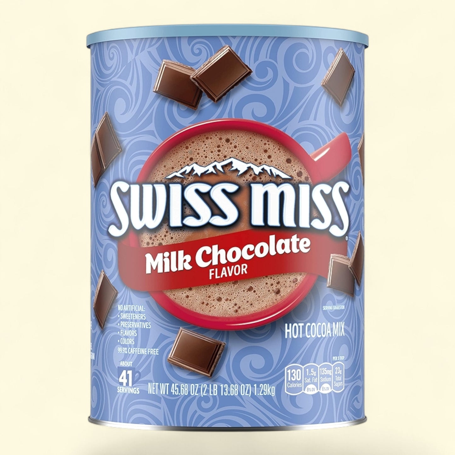 Swiss Miss Milk Chocolate hot cocoa mix canister on a light beige background