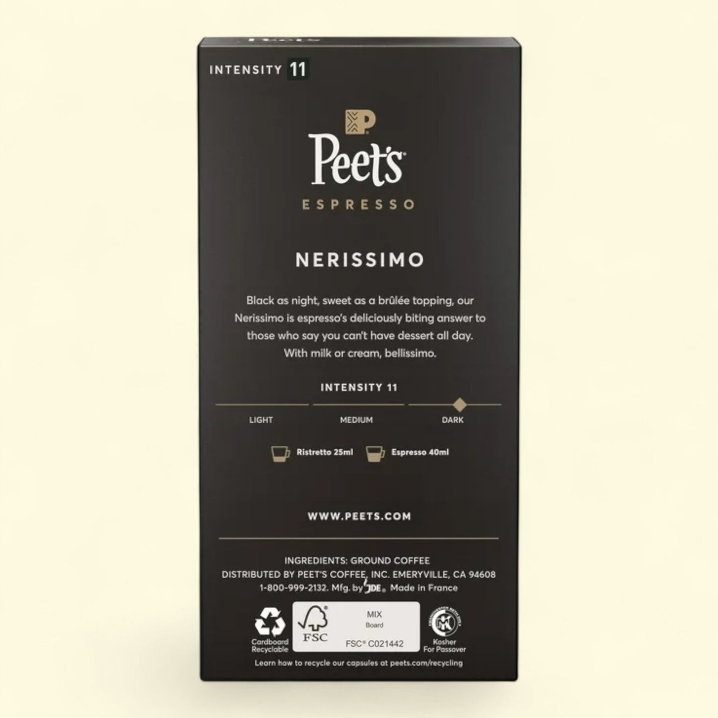 Peet's Espresso Nerissimo packaging on a beige background