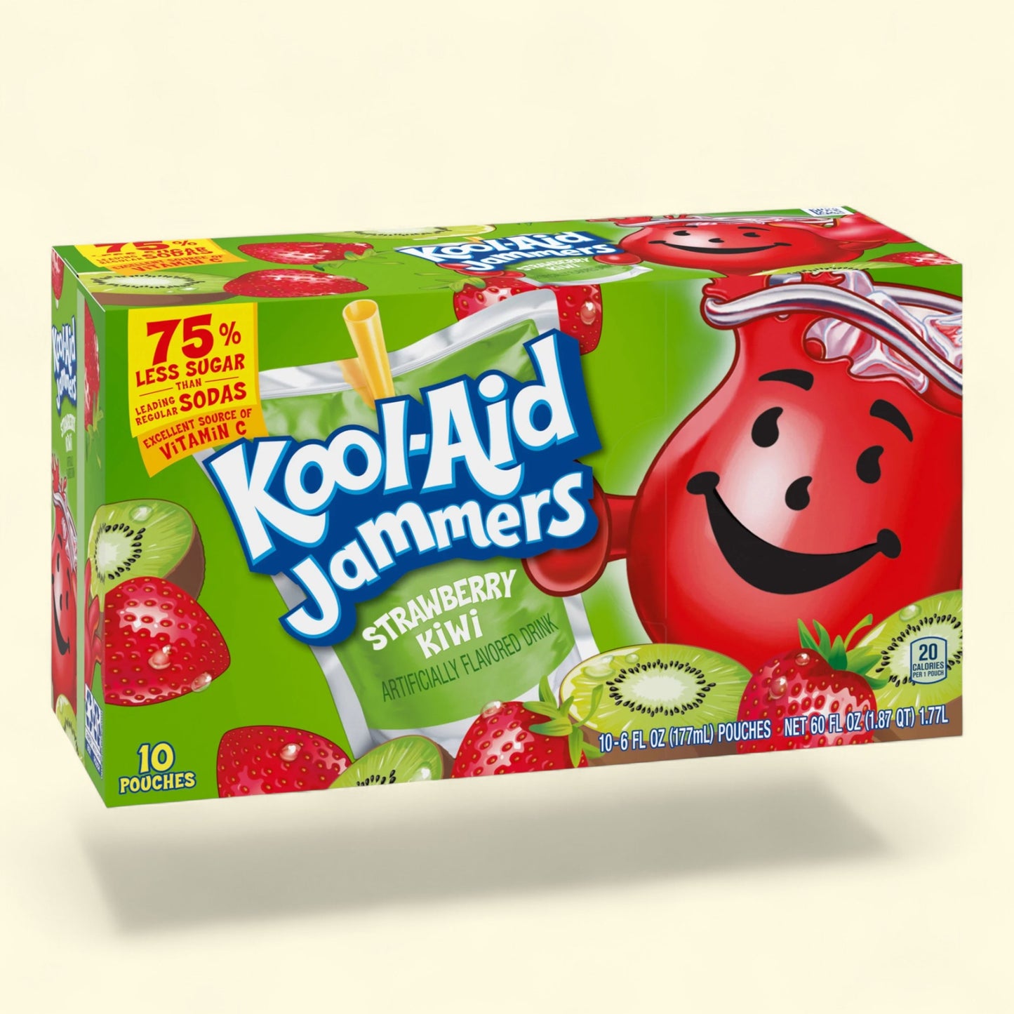 Kool-Aid Jammers Strawberry Kiwi flavor packaging on a beige background