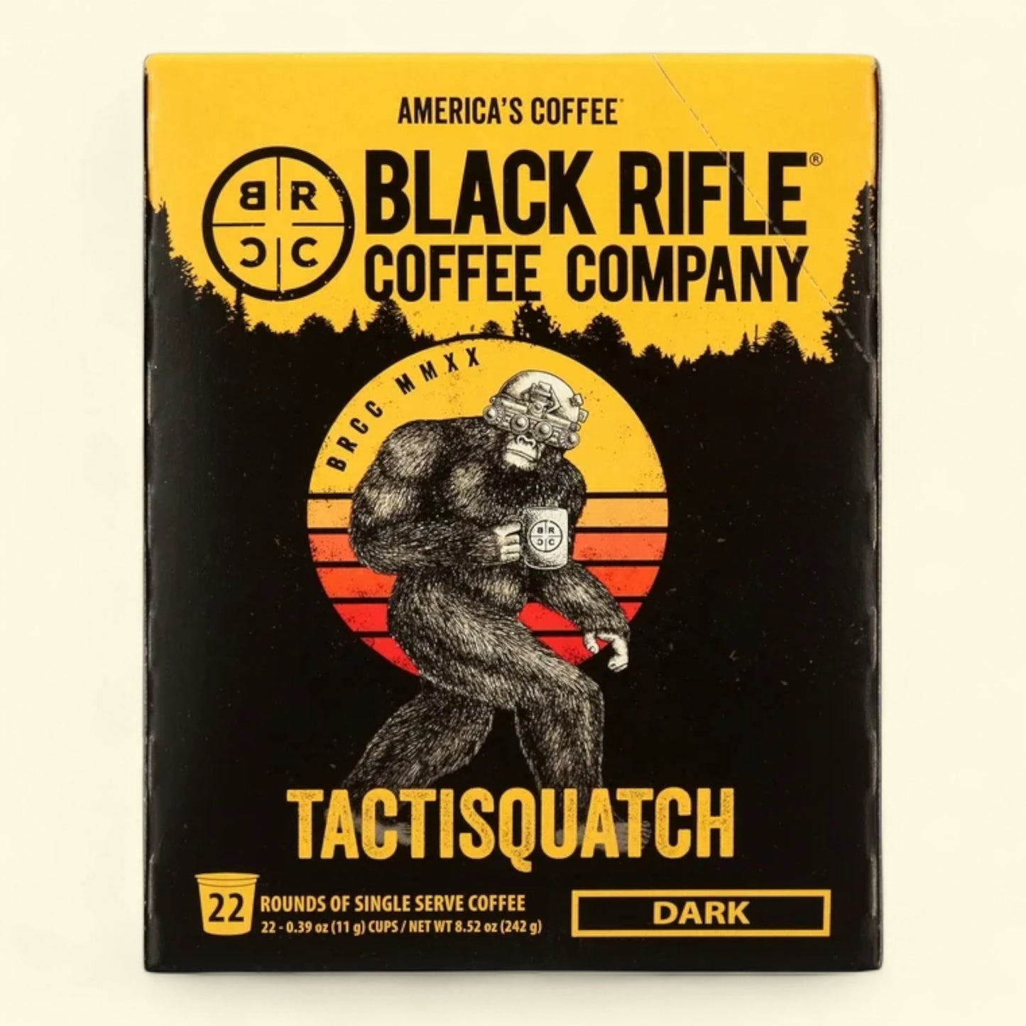 Black Rifle Coffee Company packaging with a bear holding a coffee cup and 'Tactisquatch' text.