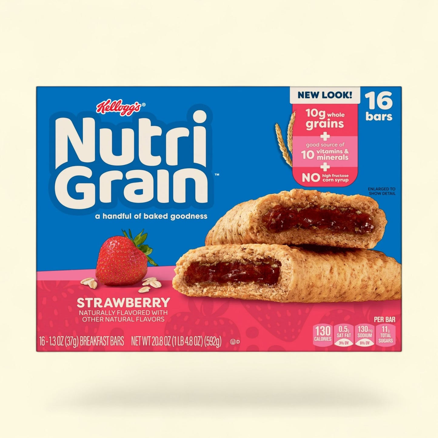 Kellogg's Nutri-Grain Strawberry breakfast bars with a blue and pink design.