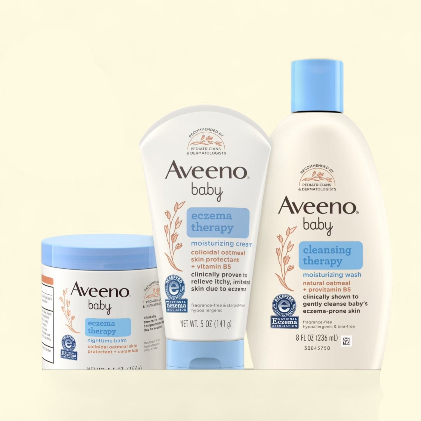 Aveeno baby skincare products including cream, lotion, and balm on a beige background