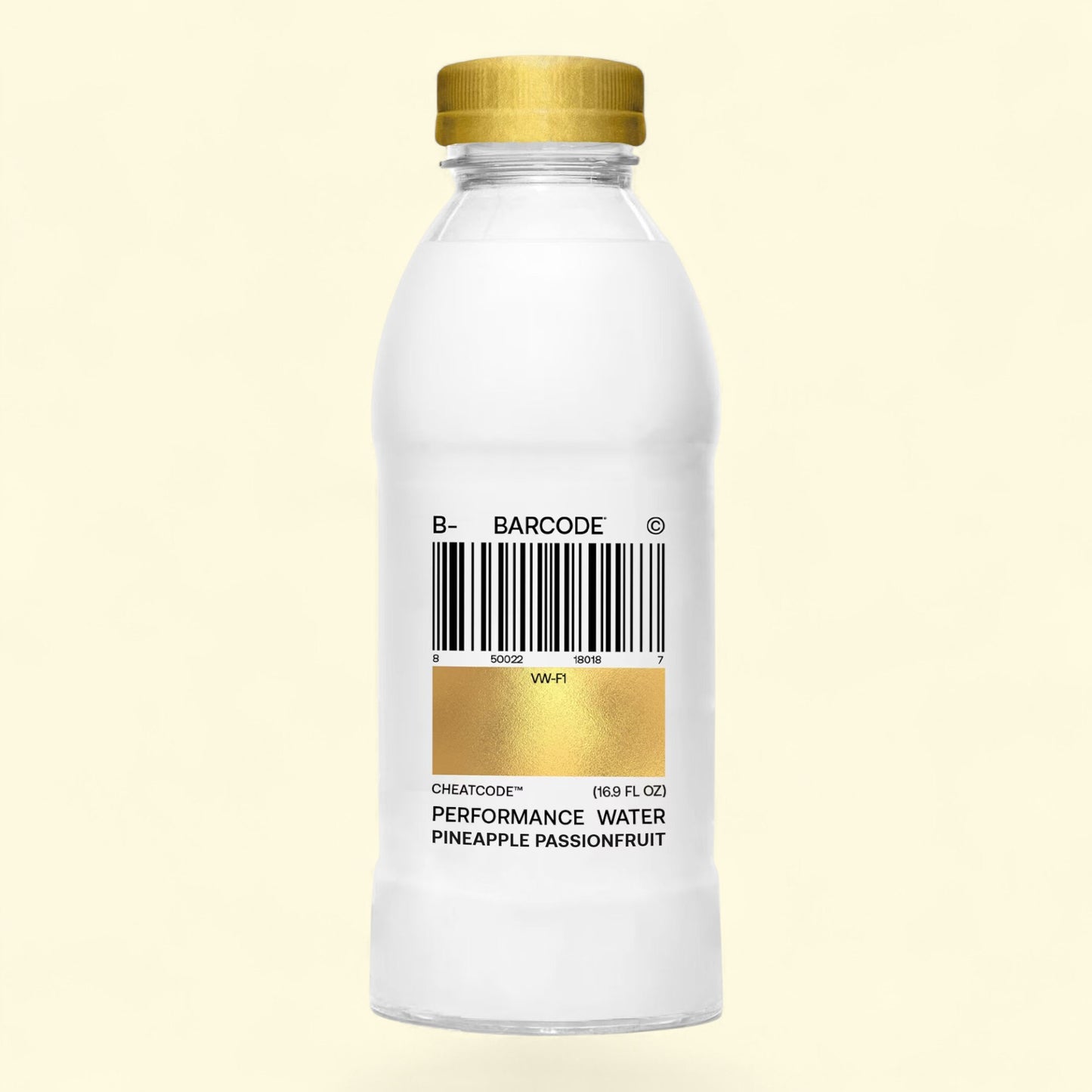 Bottle of Performance Water Pineapple Passionfruit with gold cap and label on a beige background