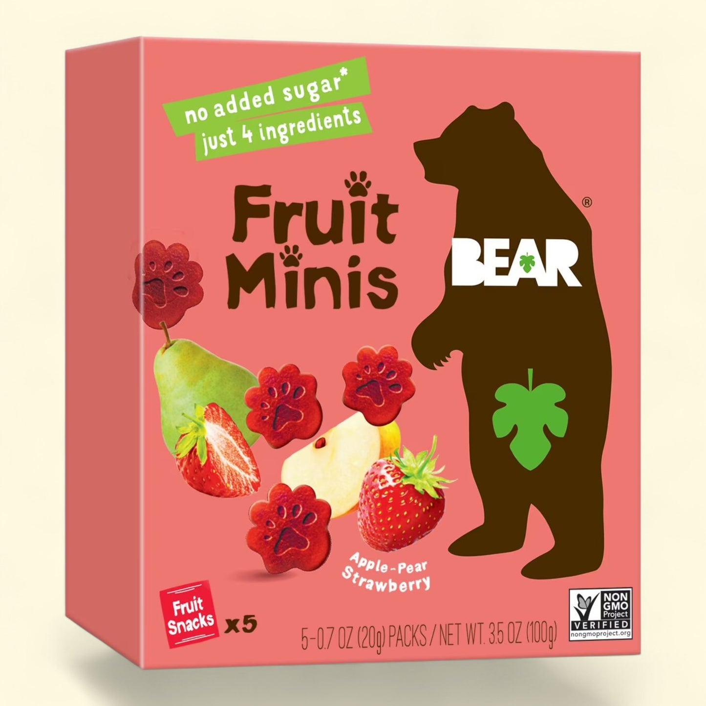 Box of Bear Fruit Minis fruit snacks with a pink background and bear silhouette.