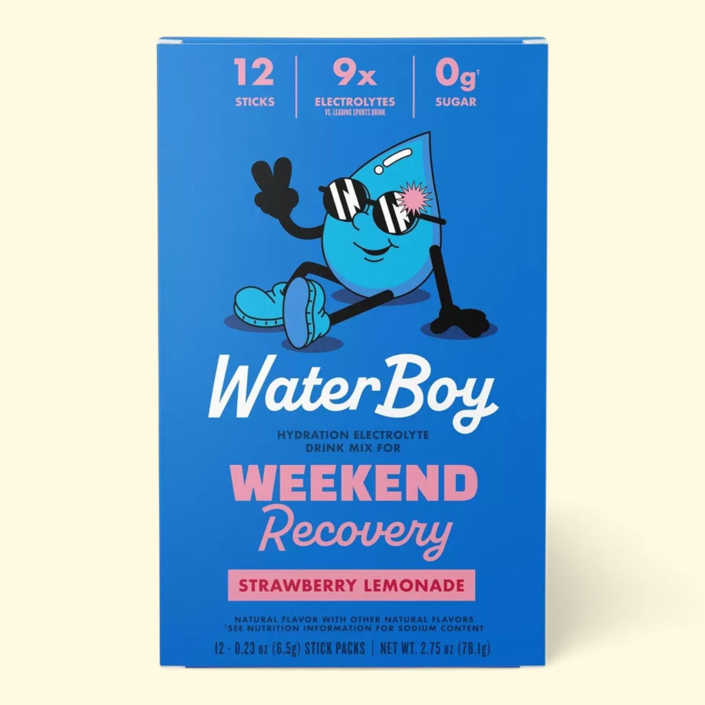 Blue box of WaterBoy Weekend Recovery drink mix with cartoon character on a beige background