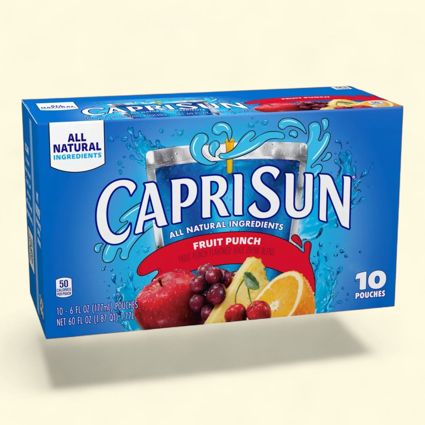 Box of Capri Sun Fruit Punch juice pouches on a beige background