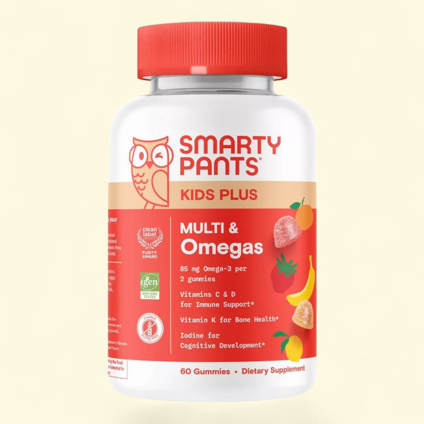 Smarty Pants Kids Plus Multi & Omegas supplement bottle on a beige background