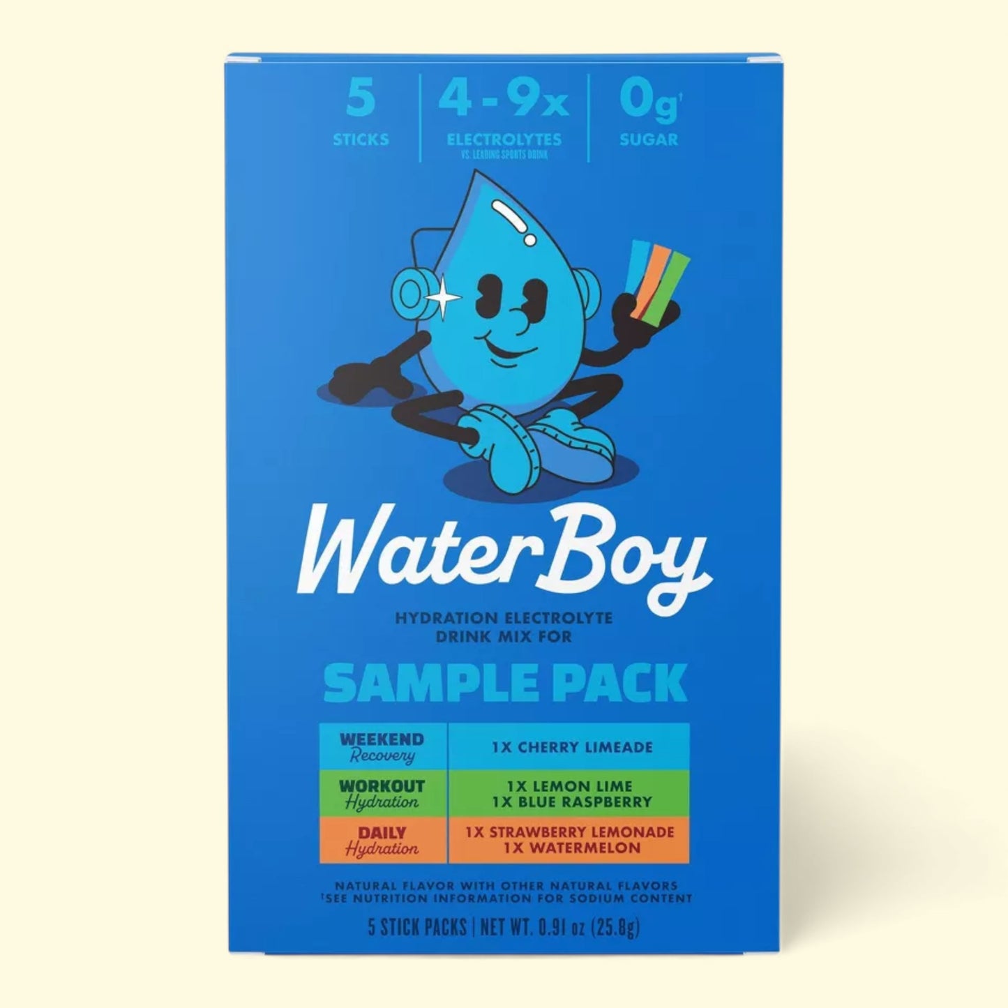 Blue sample pack of WaterBoy hydration electrolyte drink mix on a beige background