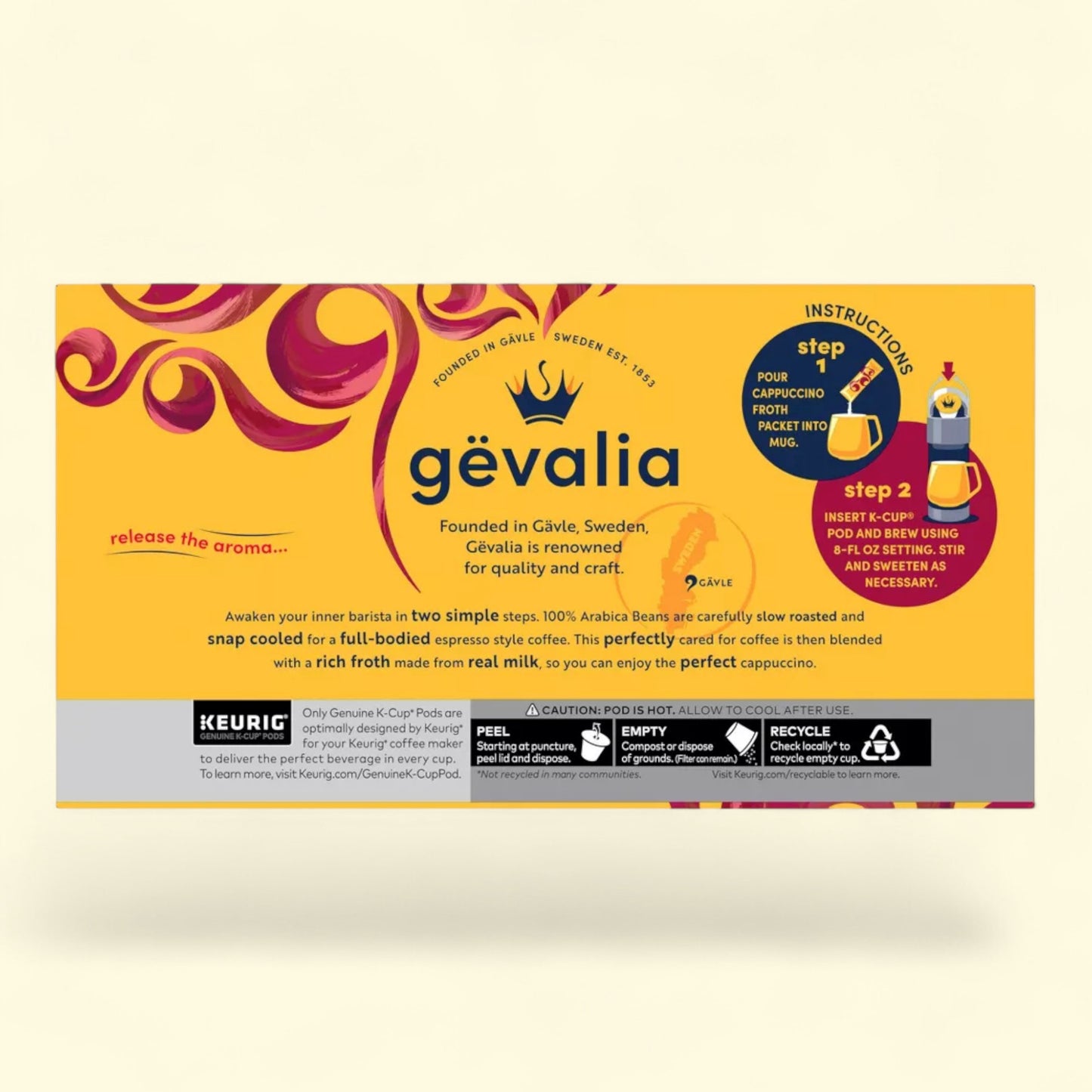 Gevalia coffee package with yellow background and brand logo