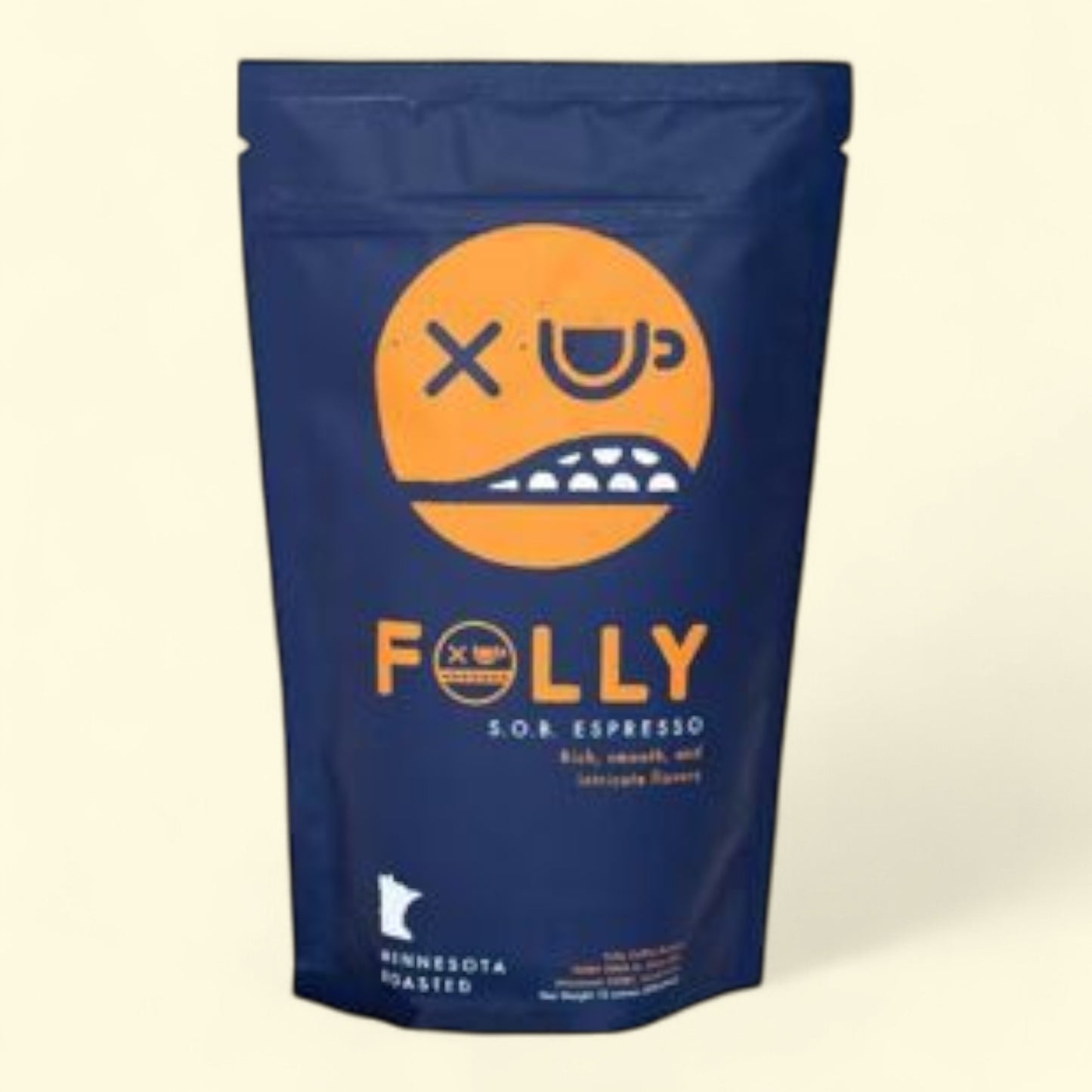 Folly coffee bag with blue background and orange logo