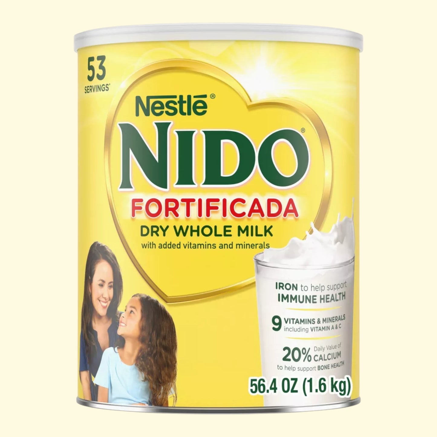 Nestle Nido Fortificada dry whole milk can on a light yellow background
