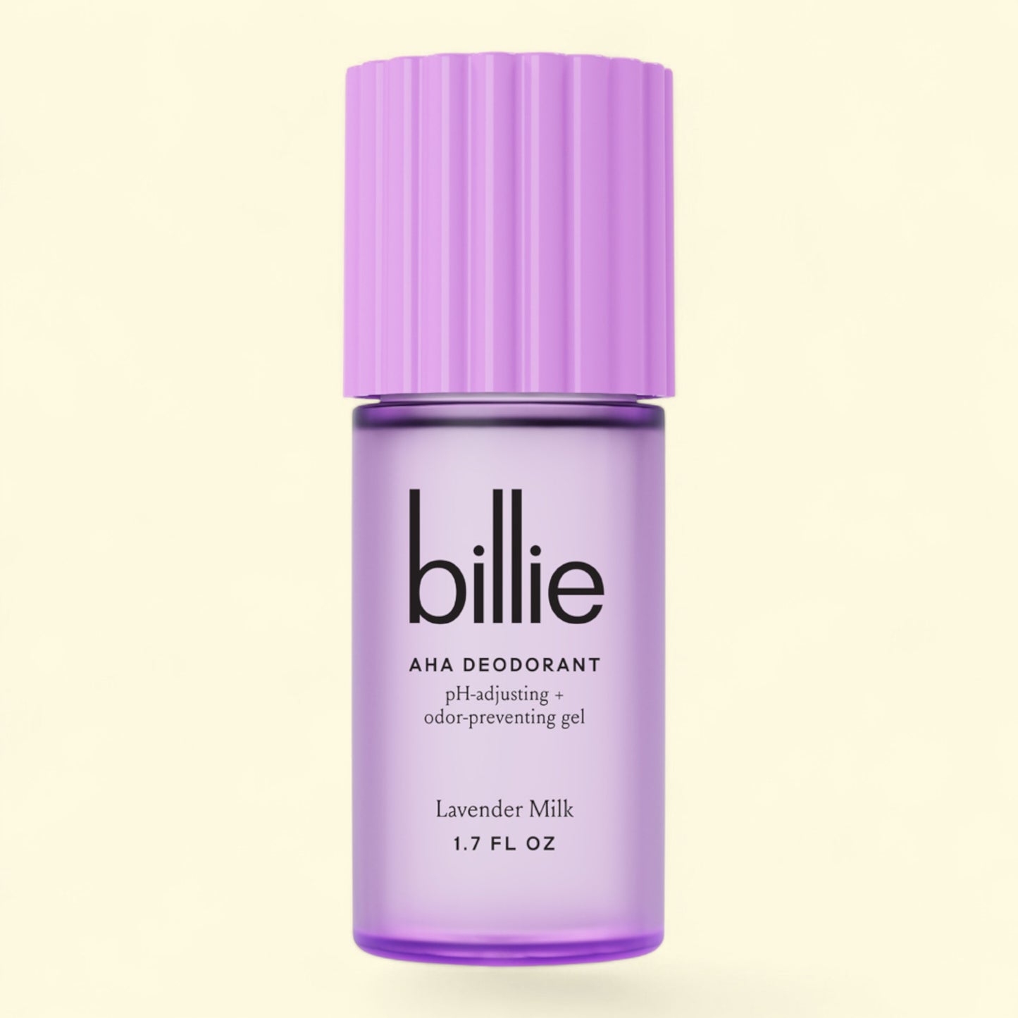 Purple bottle of billie AHA deodorant on a light beige background
