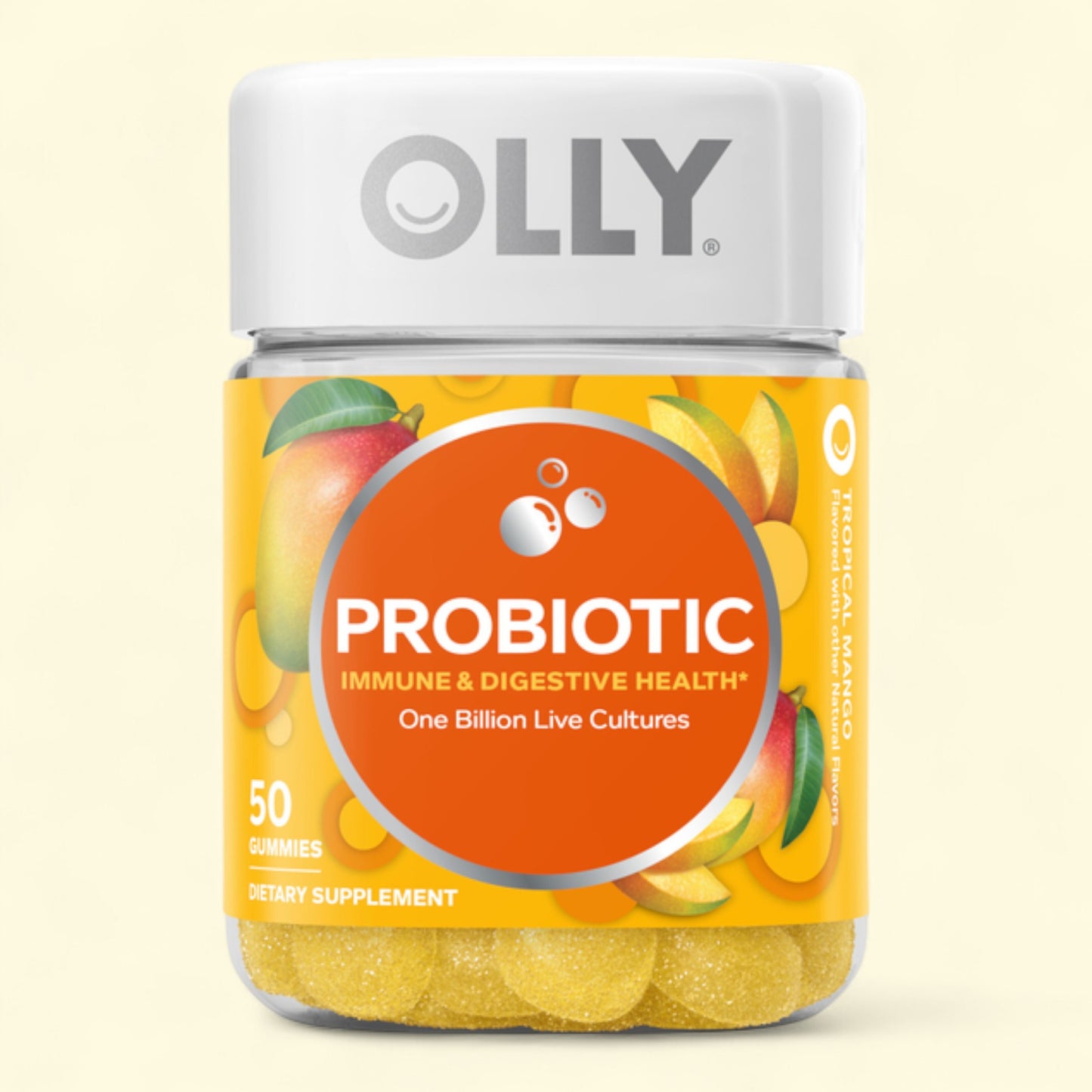 OLLY probiotic supplement jar with mango flavor on a beige background