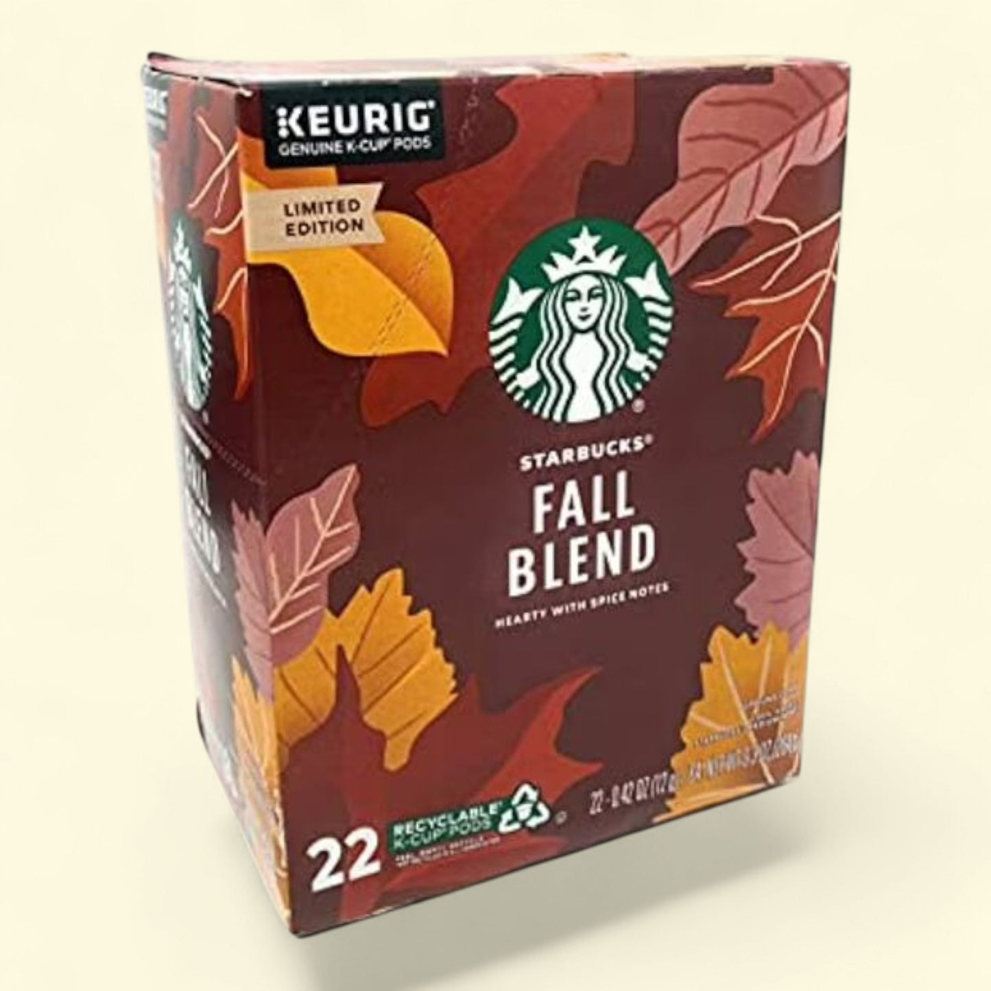 Box of Starbucks Fall Blend K-Cup pods with Keurig logo on a white background