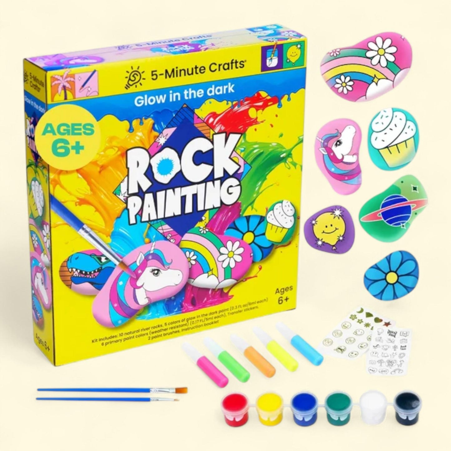 5-Minute Crafts Rock Painting Paint Kit, Glow in the Dark, Stone Coloring, Kids Ages 6+. 1ct