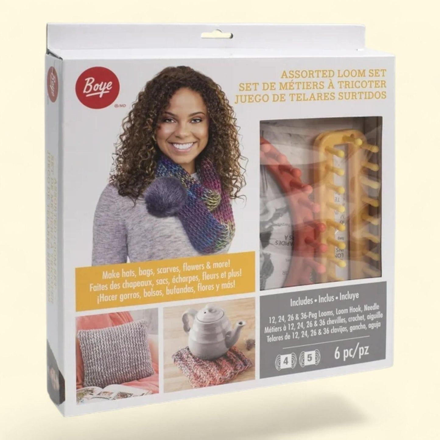 Boye Assorted Loom Set, 6 Pieces, 3 Round Plastic Looms, 1 Rectangular Plastic Loom, 1 Loom Hook, 1 Yarn Needle, Multicolor, Ages 8 and up