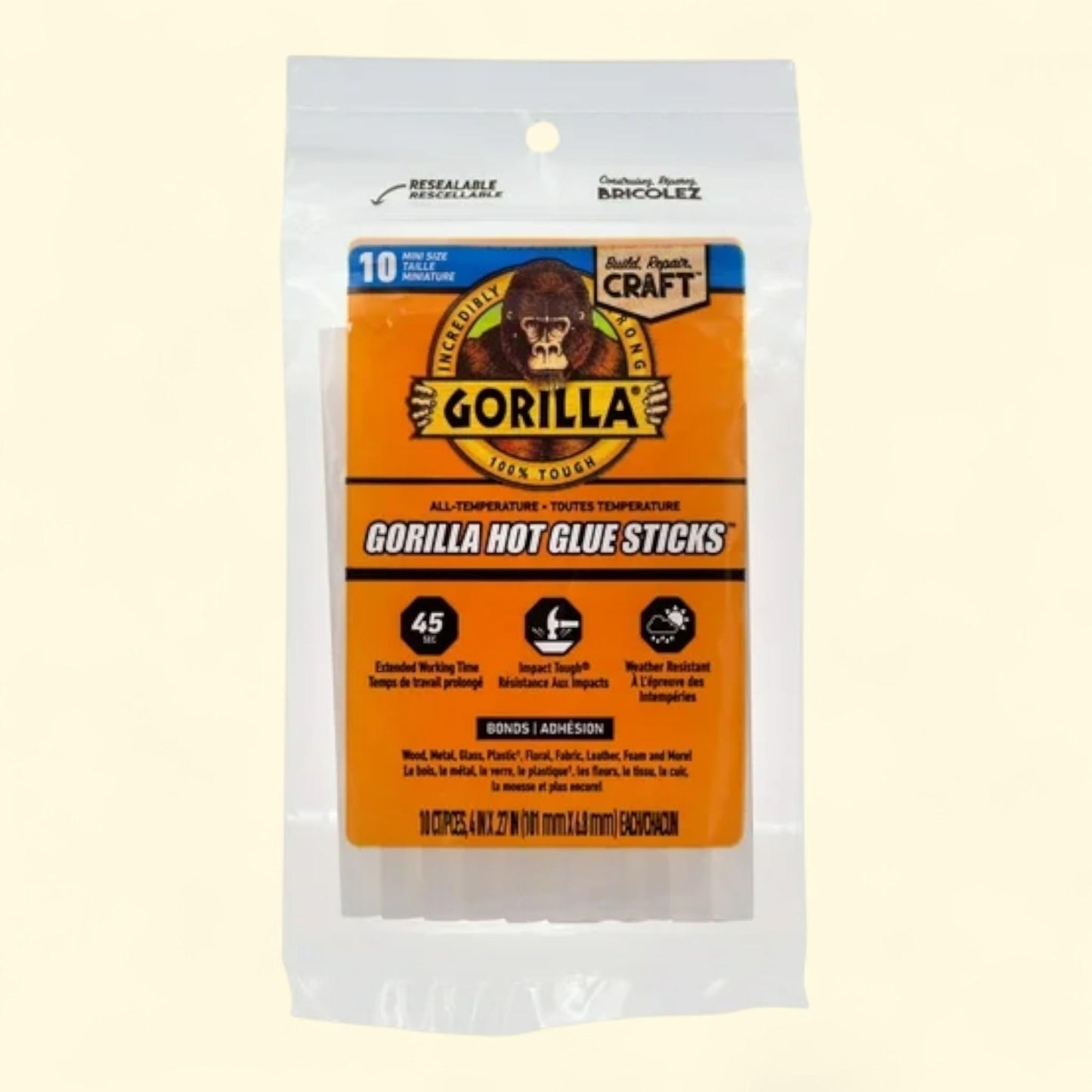 Gorilla Clear Mini Hot Glue Sticks, 4", 10 Count