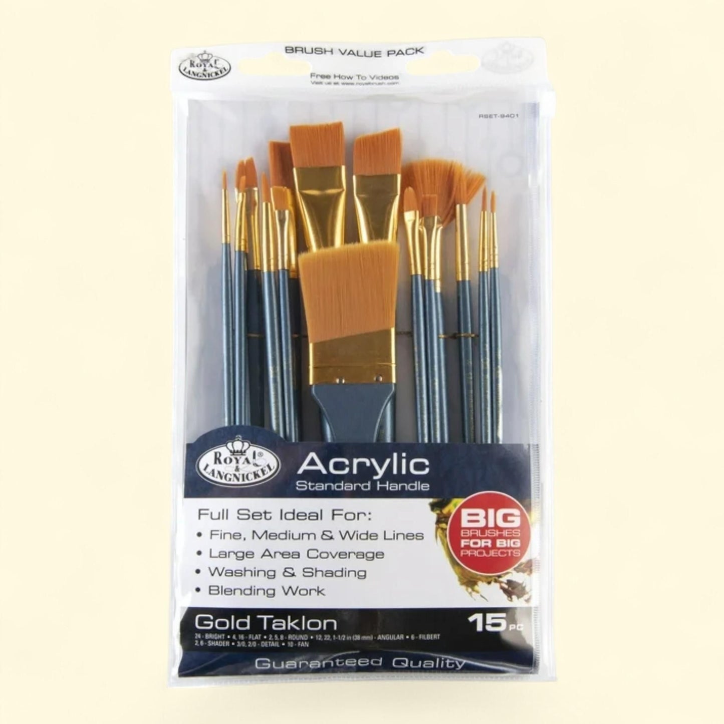 Royal & Langnickel, 15pc Golden Taklon Assorted Big Brush Acrylic Paintbrush Set