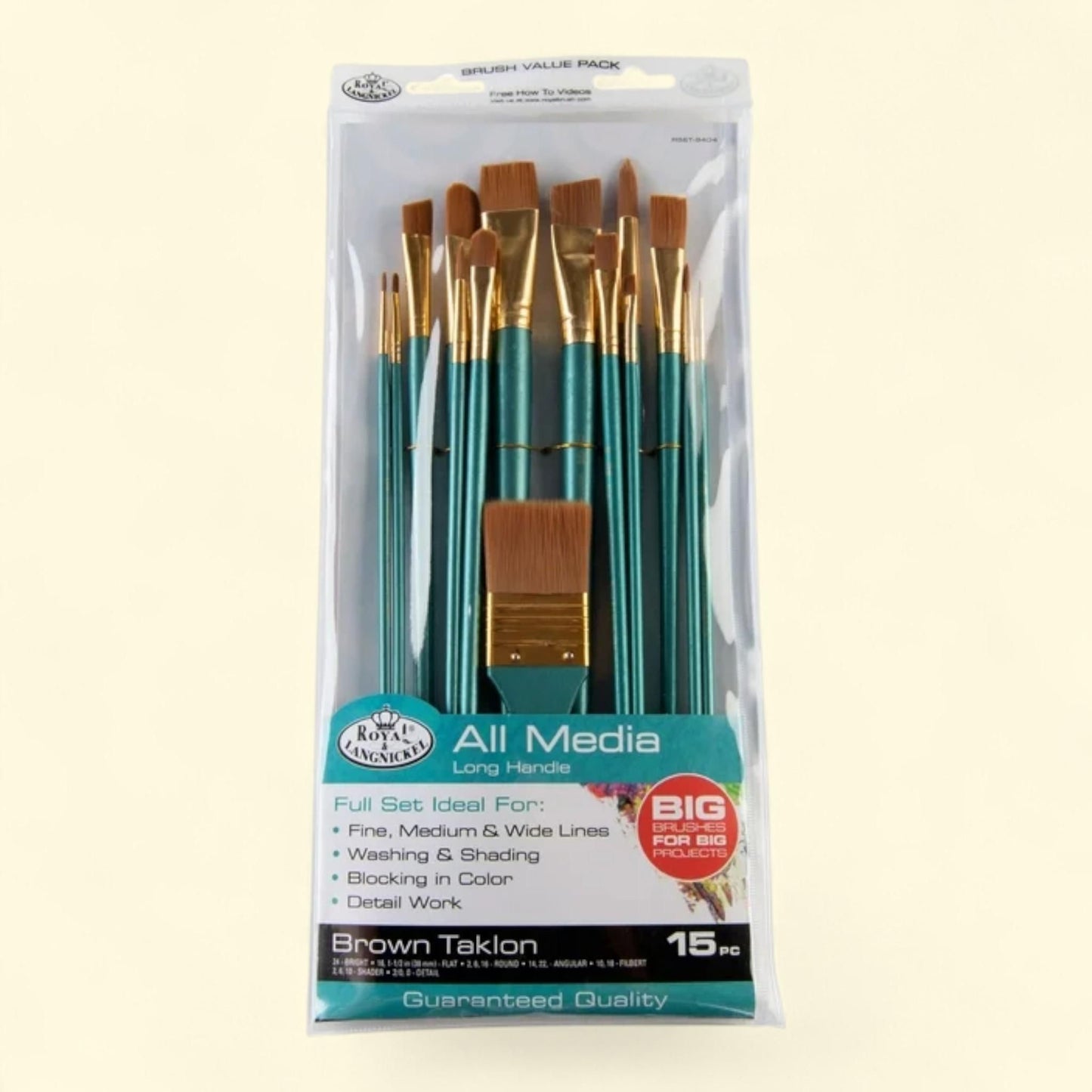 Royal & Langnickel - All Media Paint Brush Set, 15pc, Long Handle, Brown Taklon