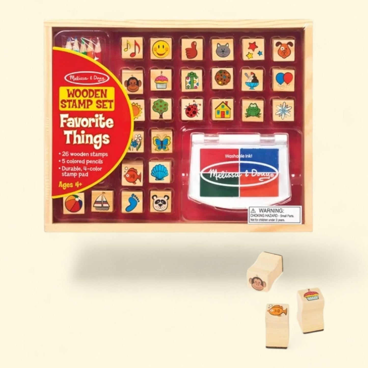 Melissa & Doug Wooden Stamp Set, Favorite Things - 26 Wooden Stamps, 4-Color Stamp Pad