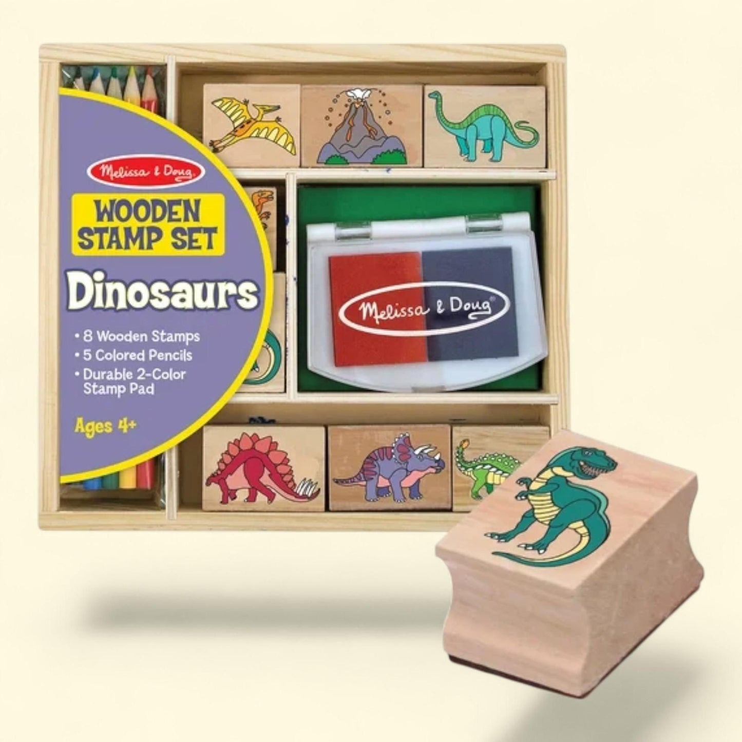 Melissa & Doug Wooden Stamp Set: Dinosaurs, 8 Stamps, 5 Colored Pen... — authentic US product shipped worldwide by Treatspree