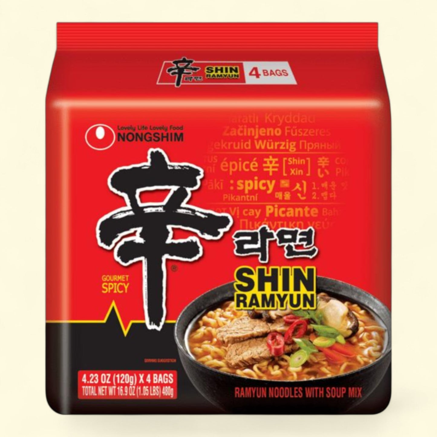 Nongshim Shin Ramyun Spicy Beef Ramen Noodle Soup, 4.2 oz x 4