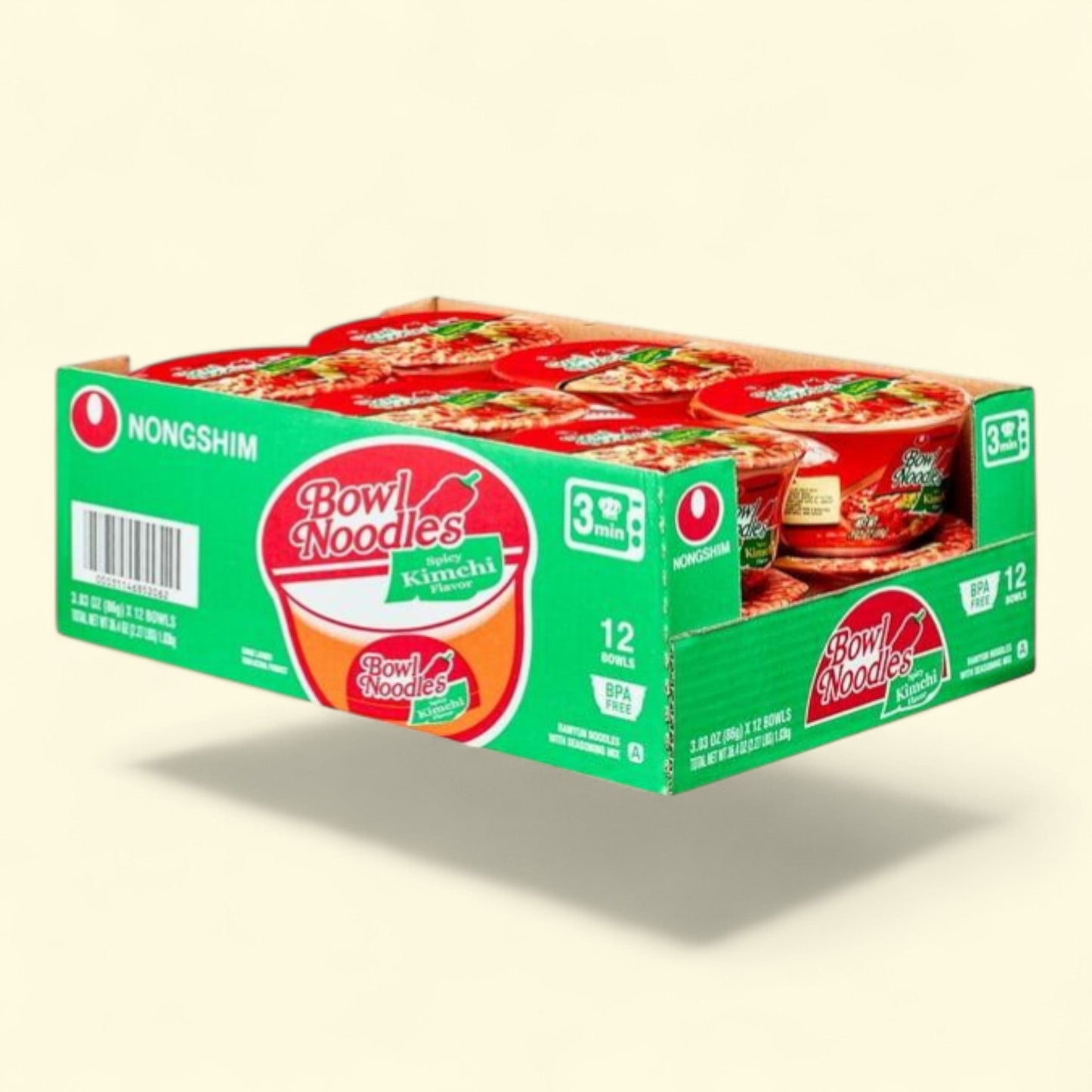 Nongshim Bowl Noodle Spicy Kimchi Ramyun Ramen Noodle Soup, 3.03oz x 12