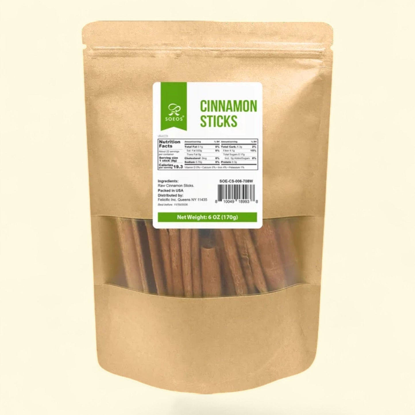 Bâtons de cannelle Soeos, 170 g, sachet Kraft moyen