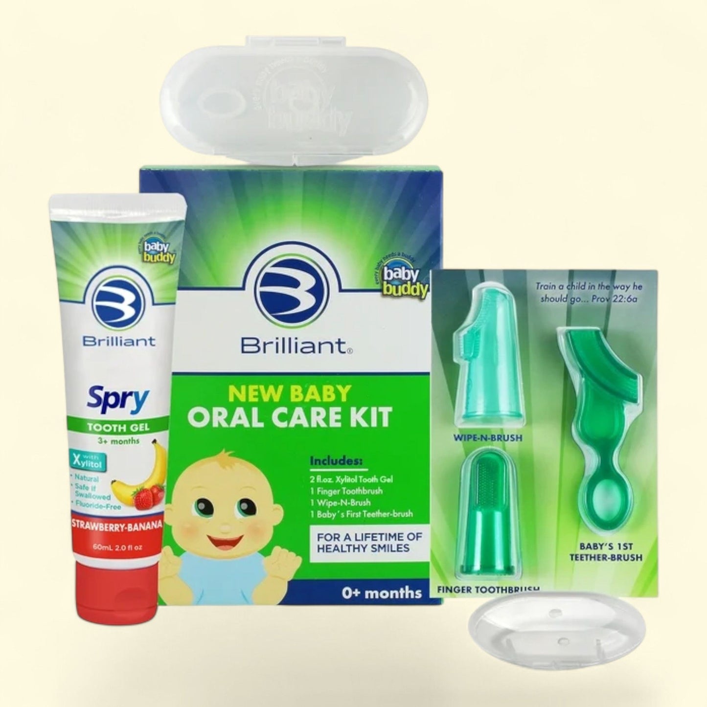 Brilliant Baby Oral Care Kit, Xylitol Wipes and Soft Silicone Toothbrushes, Green, 0-6 Mos
