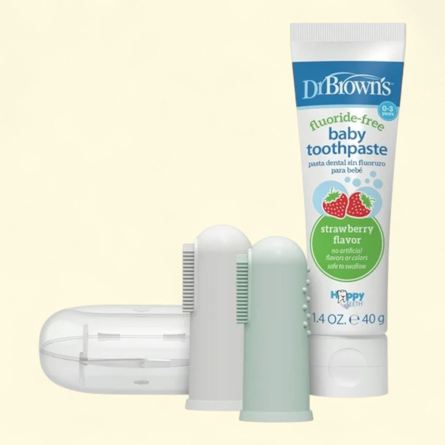 Dr. Brown's Silicone Baby Finger Toothbrush, Gray/Green + Strawberry Baby Toothpaste, 0-3Y
