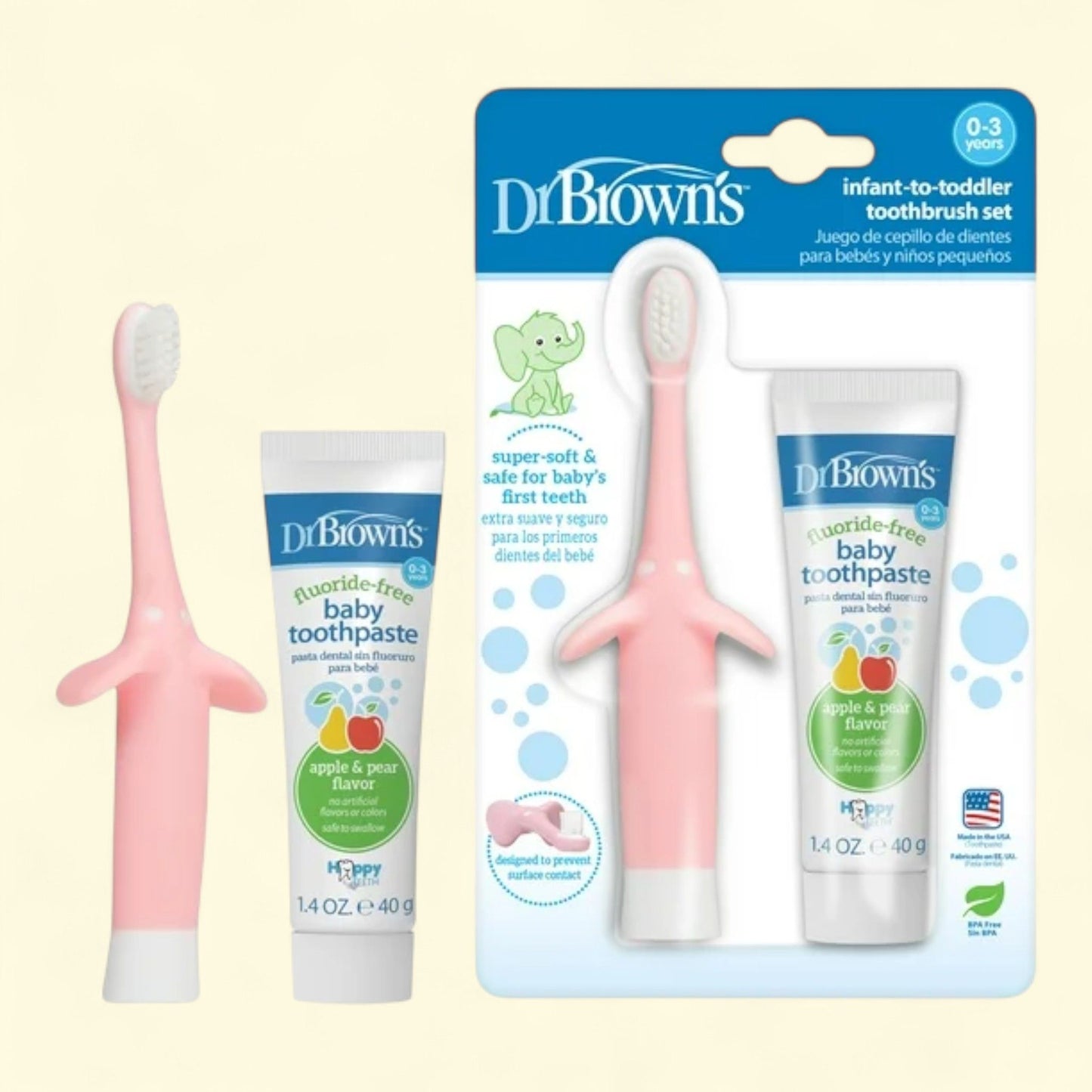 Dr. Brown's Infant to Toddler Training Toothbrush, Pink Elephant + Apple Pear Baby Toothpaste, 0-3Y