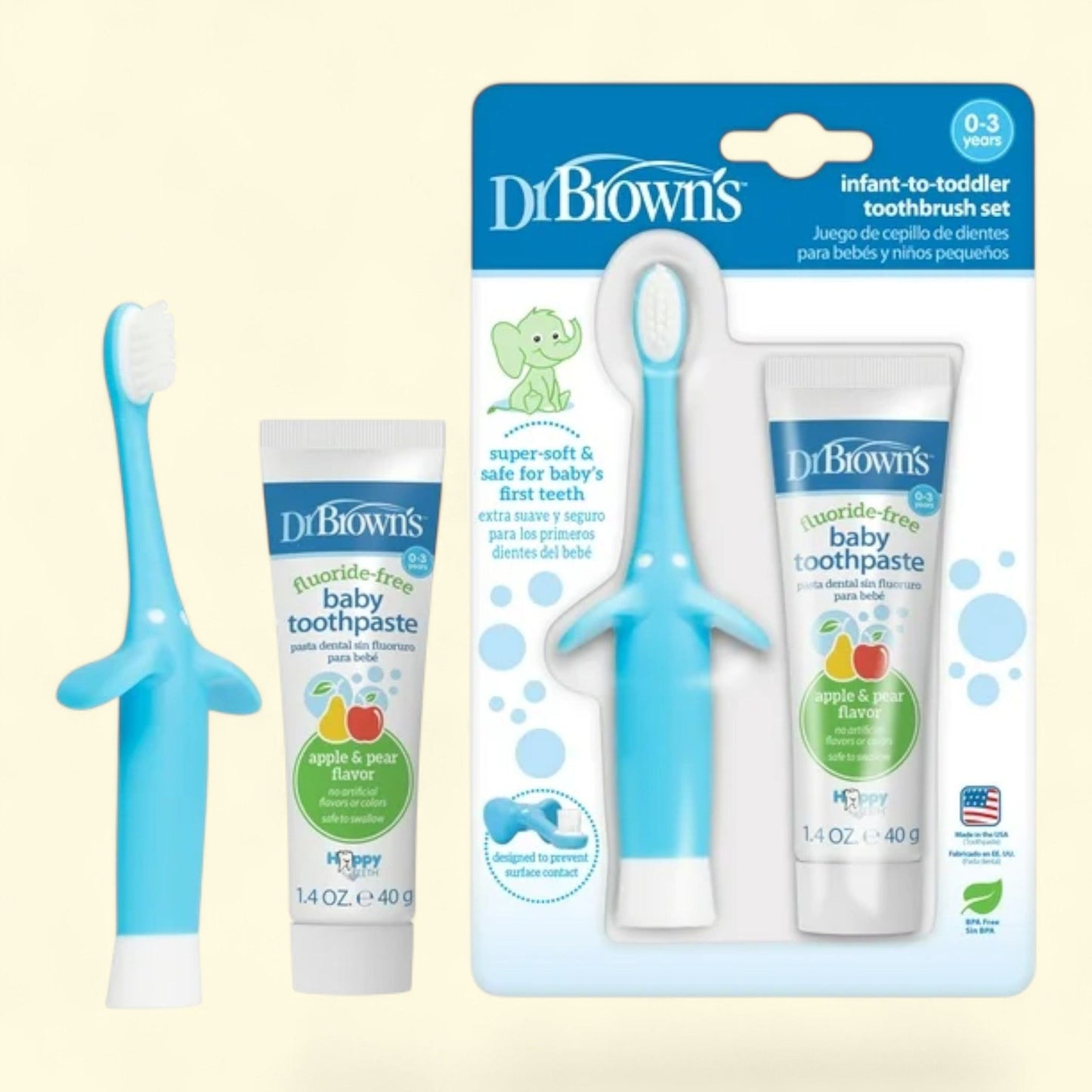 Dr. Brown's Infant-to-Toddler Training Toothbrush and Toothpaste, Blue Elephant/Apple Pear, 0-3 Years, Set