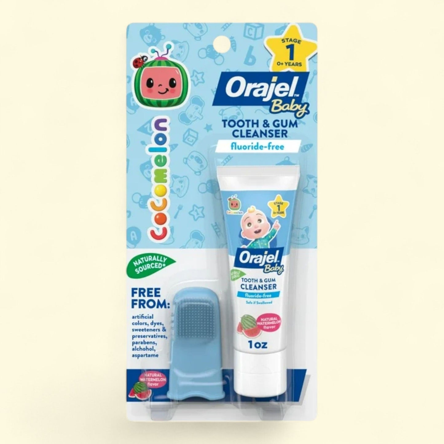 Dentifrice Orajel Baby CoComelon, saveur pastèque, 30 ml avec petite brosse à dents à enfiler sur le doigt